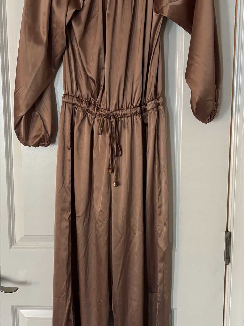 Boston Proper Satin-Look Long Sleeve Jumpsuit in Brown
